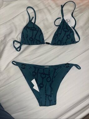 Hermes Teal Chain-Print Triangle Bikini Set